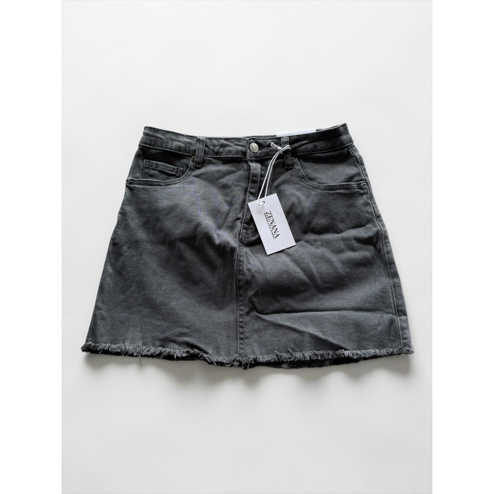 Zenana Womens Charcoal Gray Denim Mini Skirt Raw Hem High Waist S